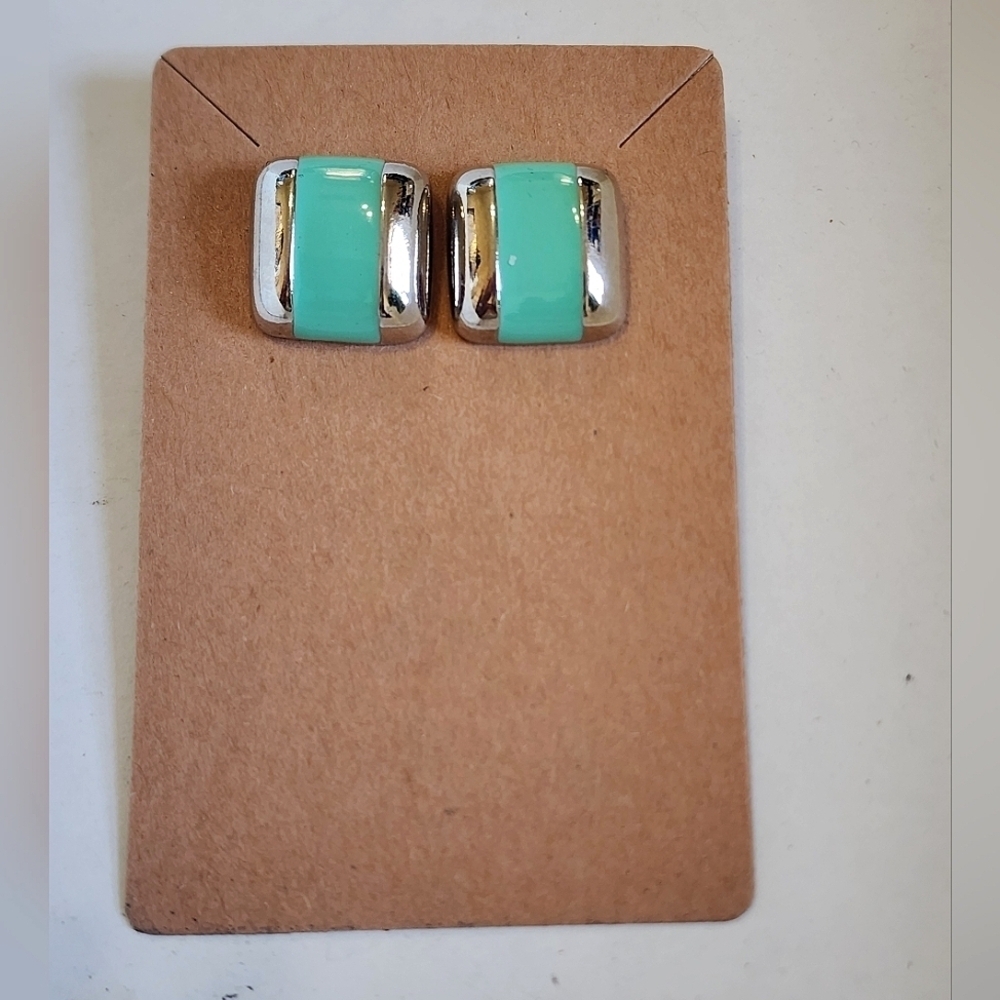 Vintage Avon Silver and Green Enamel Square Stud Earrings